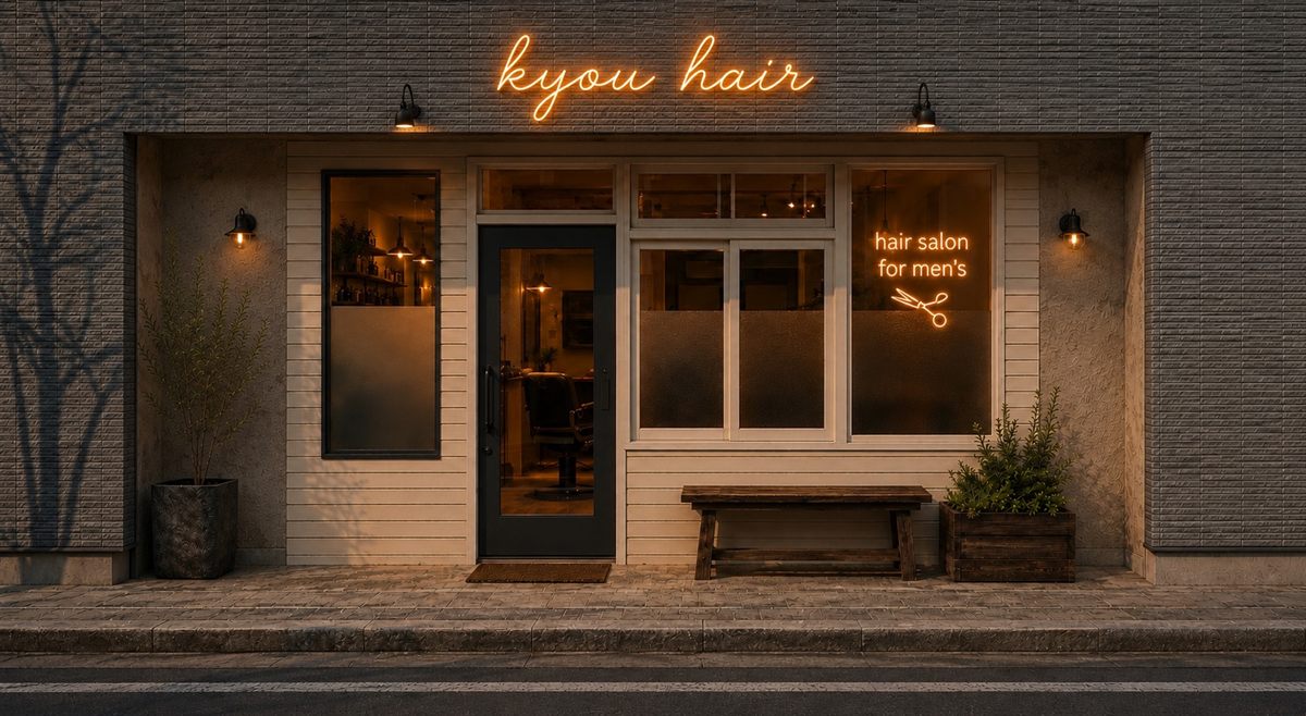 オレンジのネオンと木の温もりを組み合わせたKyou hairの店舗デザインイメージ